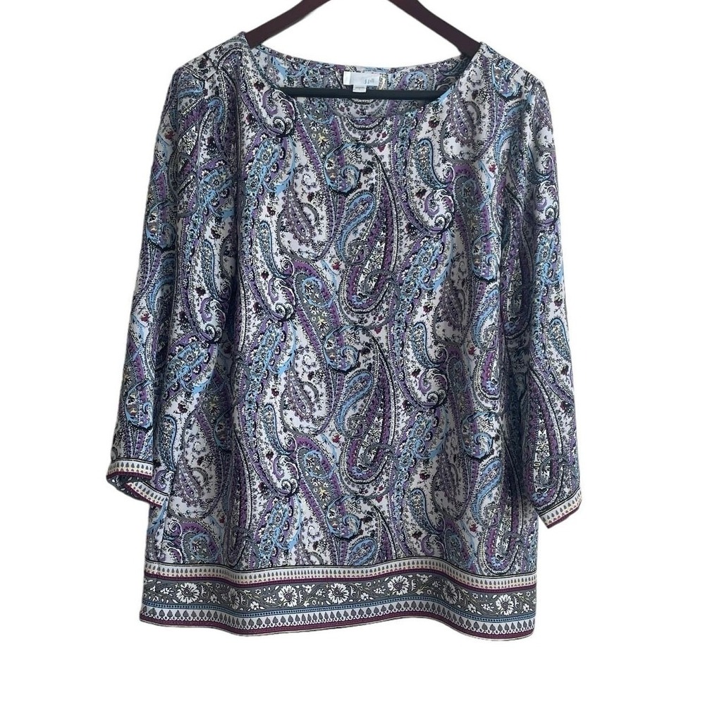 J‎ Jill Women Boho Chic Paisley Wrap Layer Tunic Top L Purple Artsy Border Print